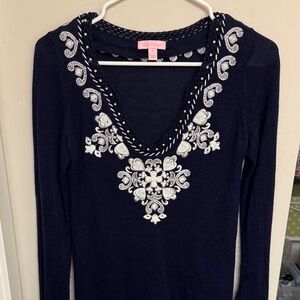 Lilly Pulitzer Navy Sweater Tunic with White Embroidery